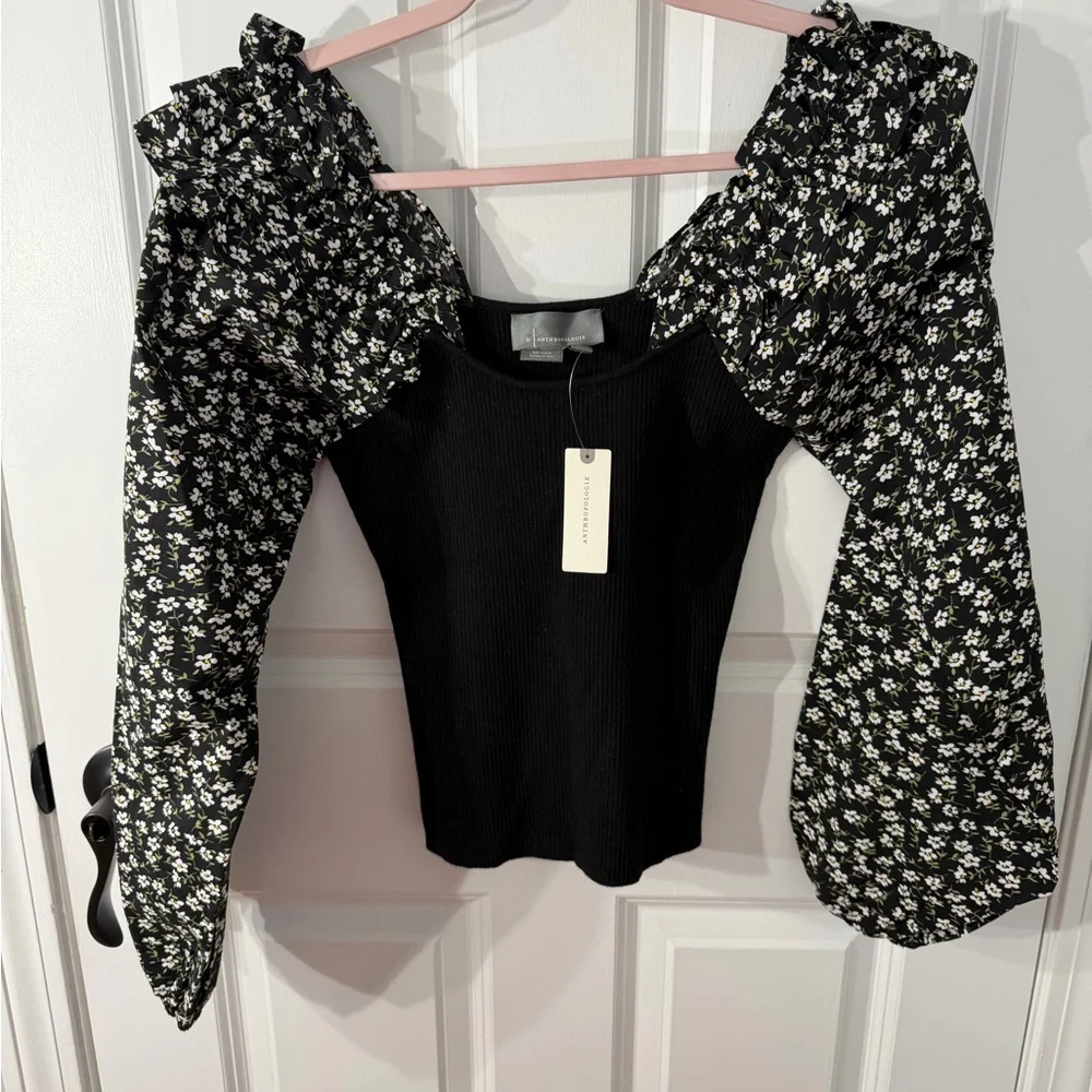 Anthropologie Black Floral Puff Sleeve top small Ribbed knit NWT $98